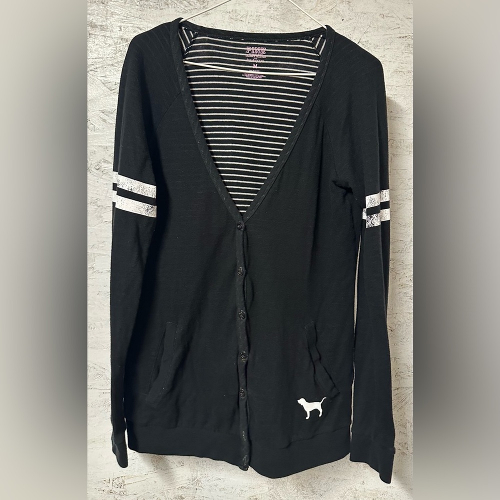PINK Victoria's Secret Black and White Striped Cardigan Sporting Nebraska Husker